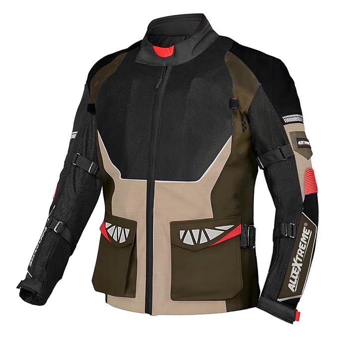 Allextreme RALLY Unisex Motorcycle Riding Jacket Polyester and Mesh Fabric with Back Elbow Shoulder CE Level 2 Certified Armour Chest Protection for Bikers (2XL, Olive Green)