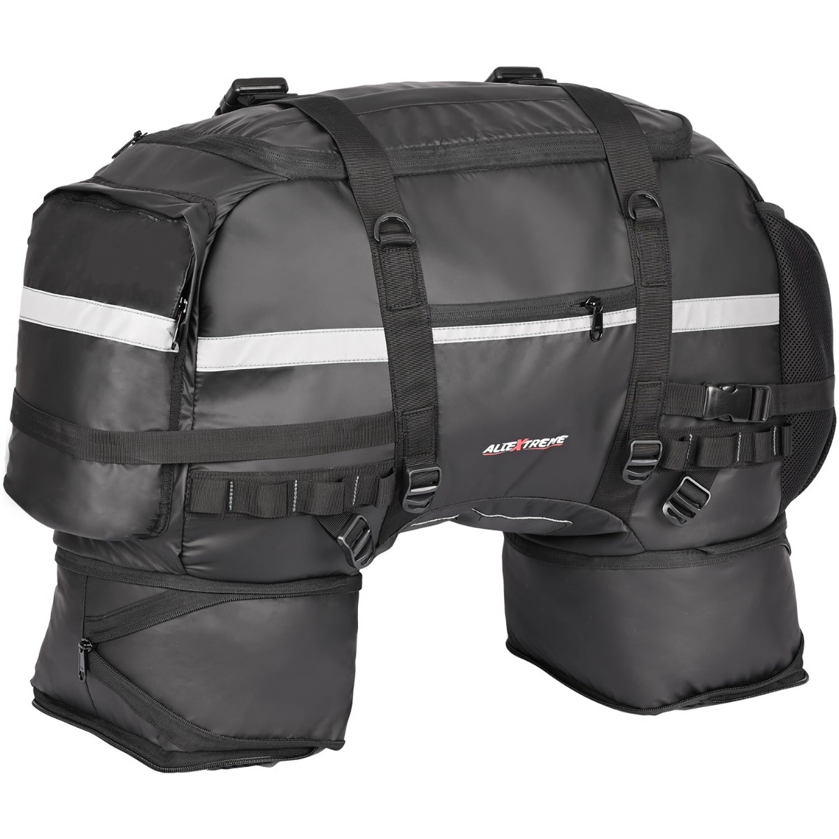 AllExtreme 65L Waterproof Tail Bag Universal Rear Carrier Polyester Saddle Bag with Rain Cover and Expandable Multi Compartment Bags for All Sports Street Bikes Motorcycles (1 Pc, Black)