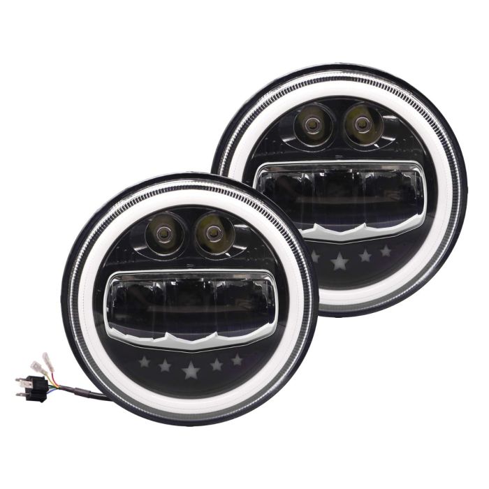 Allextreme EX7WH02 75W Full Ring Round White LED Headlight 7 Inch Hi/Low Beam Angel Eye Lamp Compatible with Bullet/Harley Davidson/Jeep Wrangler (White & Yellow, Pack of 2)