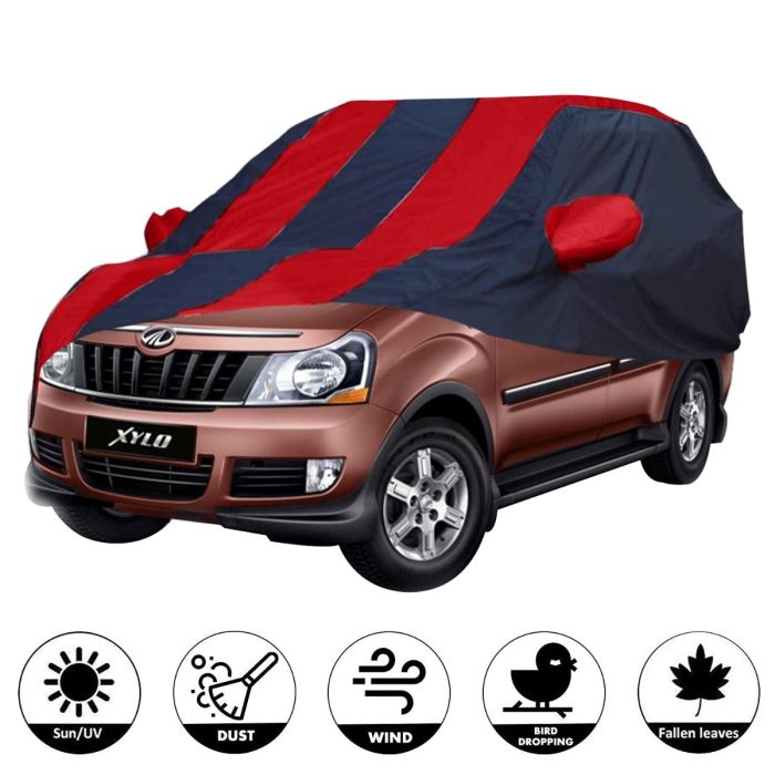 Allextreme MYY5004 Car Body Cover Compatible with Mahindra Xylo Custom Fit Dustproof UV Heat Resistant Indoor Outdoor Body Protection (Navy Blue & Red with Mirror)