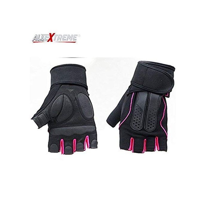 Allextreme Multipurpose Gym and Bike Wrist Half Finger Gloves for Fitness Weightlifting Exercise Sport Cycling (Pink_Large)