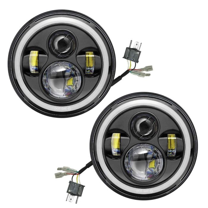 Allextreme EX7ITC2 7 Inch Full Ring Round White LED Headlight with Hi/Low Beam Tricolour Angel Eye Lamp Compatible with Bullet, Harley Davidson Jeep Wrangler (75W, Pack of 2)