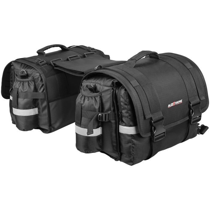 Allextreme 72L Motorcycle Saddle Bag with Rain Cover & Reflective Strips Polyester Multi Compartments Large Storage Capacity Saddlebags for All Sports Street Bikes (Black)