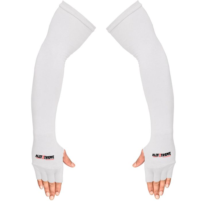 Allextreme Full Arm Sleeves with Thumb for Riders UV Sun Protection Sweat Absorbing Quick Dry Hand Cover for Men & Women Sport Biking Hiking Cycling Running Protective Bike Riding Gear (White, 1 Pair)