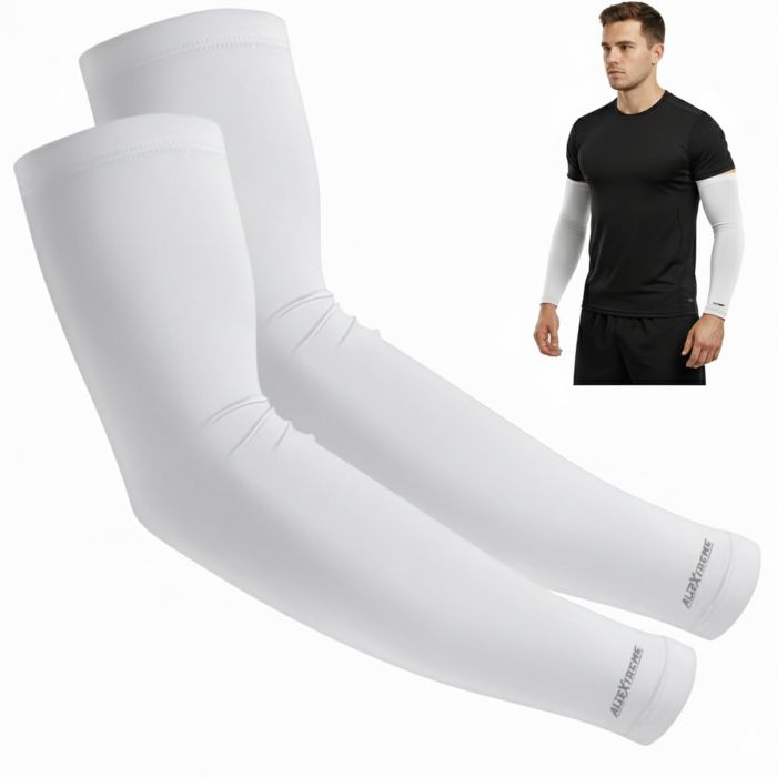 Allextreme Full Arm Sleeves for Riders Sun Protection Sweat Absorbing Quick Dry Cotton Hand Cover for Men & Women Basketball Cricket Biking Hiking Cycling Running Protective Bike Riding Gear (White)