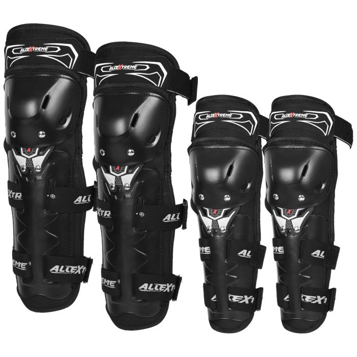 Allextreme Knee and Elbow Pads with Adjustable Knee-Cap Pads 2 in 1 Protector Armor & Shin Guards Motocross Motorcycle Protective Gear for Adult Kids (Set of 4, Black)