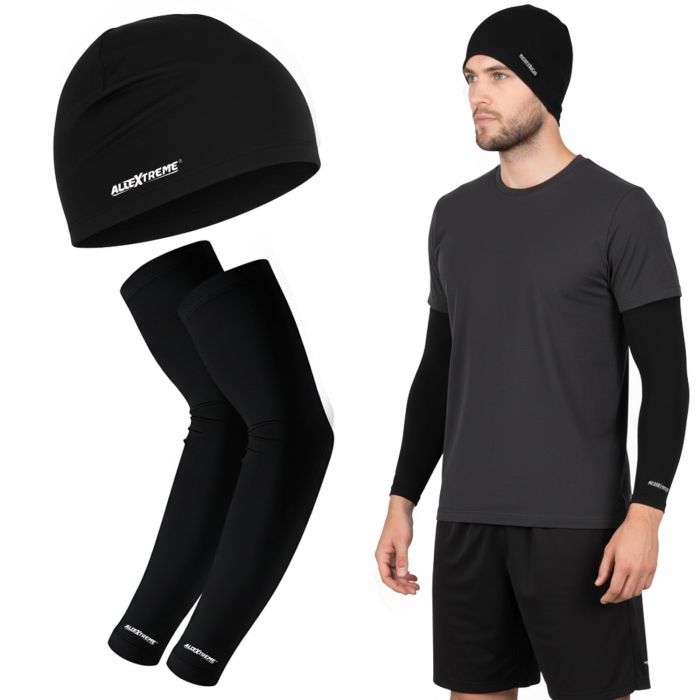 Allextreme Arm Sleeves & Skull Cap Set Reusable UV Dust Protection Pin Mesh Headcap with Hand Cover for Men Women Bike Riding Running Cycling Outdoor Protective Bike Riding Gear (Set of 1, Black)