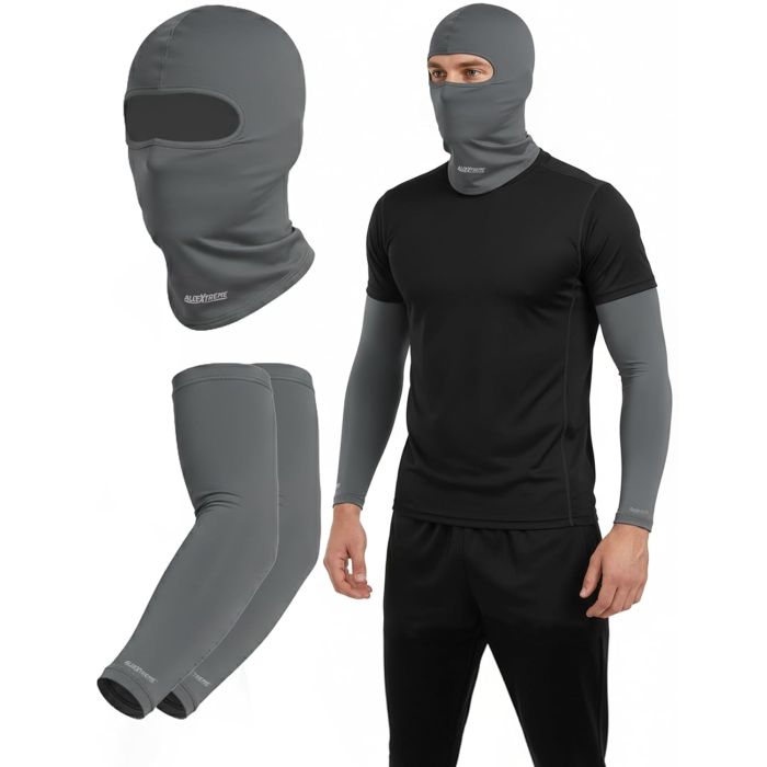 Allextreme Arm Sleeves & Full Face Mask Set Reusable UV Dust Protection Cotton Balaclava with Hand Cover for Men Women Bike Riding Running Cycling Outdoor Protective Bike Riding Gear (Grey)