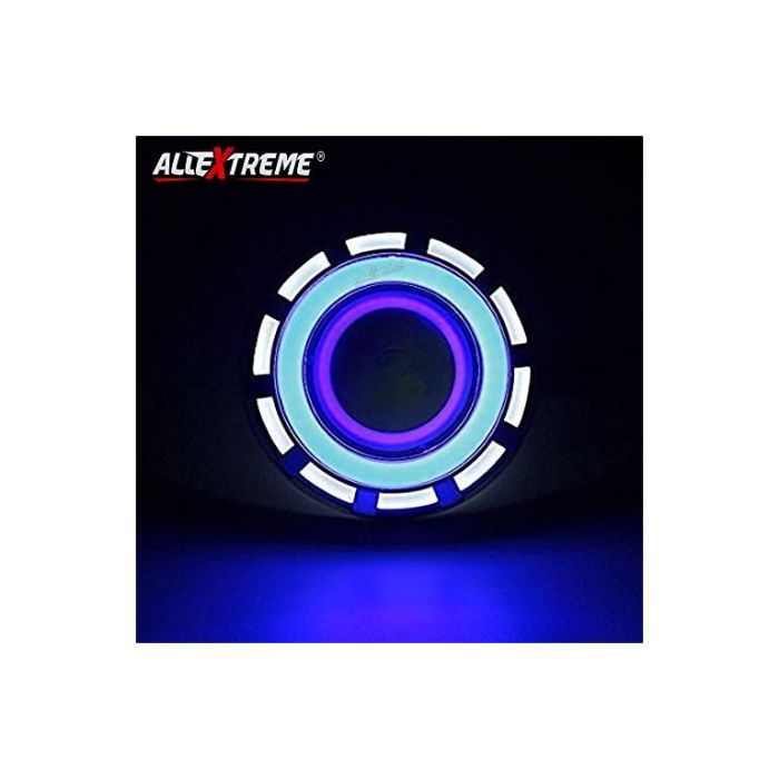 Allextreme EXDRPWB1 High Intensity Led Projector Lamp Stylish Dual Ring COB LED Headlight with Hi/Low Beam and Flasher Function for All Bikes (15W, White & Blue)