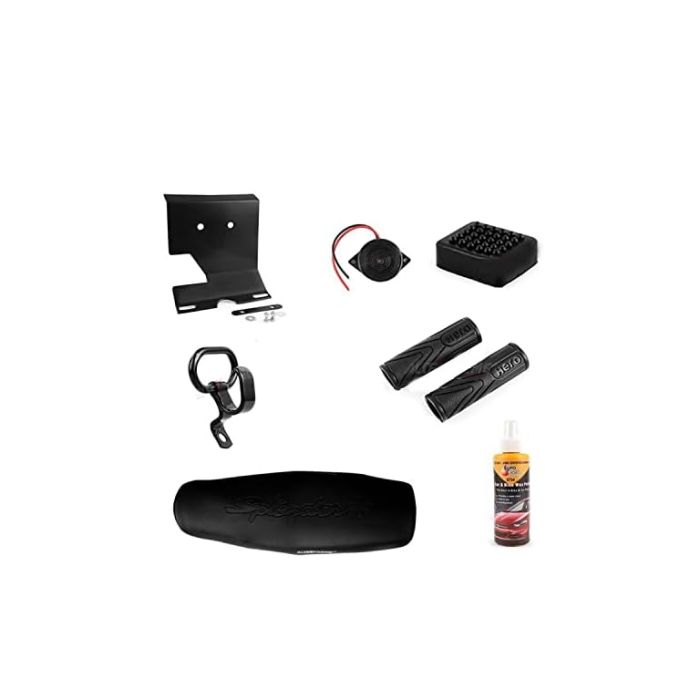 Allextreme EXSP71K 7 in 1 Combo Accessories Kit with Engine Guard Ladies Handle Grip Cover Brake Paddle Buzzer Polish and Seat Cover Compatible for Hero Splendor - Multicolor