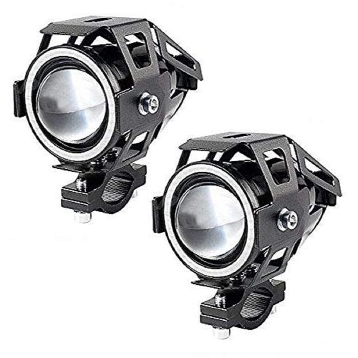 AllExtreme EXU7MB2 U7 Mini CREE LED Fog Light Work Lamp with Hi/Low, Flashing Beam and Blue Angel Eye Ring for Cars and Motorcycles (12W, Blue & White Light, 2 PCS)