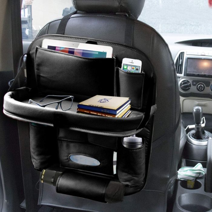 Allextreme EXFTCOB1 Universal PU Leather Auto Car Seat Back Organizer with Foldable Dining Table Tray, Multipocket Storage Tablet, Bottle and Tissue Paper Holder (Black)