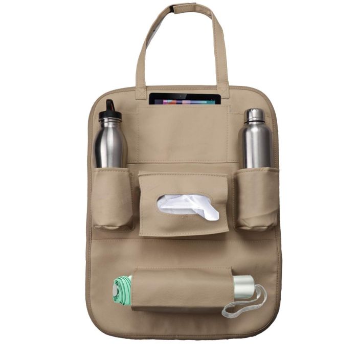 Allextreme PU Leather Car Auto Seat Back Multi Pocket Organizer Universal Backseat Travel Bag for Tissue Box, Bottle and Document Storage (Beige)