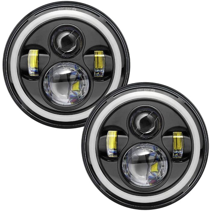 Allextreme 7 Inch Full Ring Round LED Headlight with Hi/Low Beam and Angel Eye Lamp Compatible with Royal Enfield Bullet, Harley Davidson Jeep Wrangler (Pack of 2)