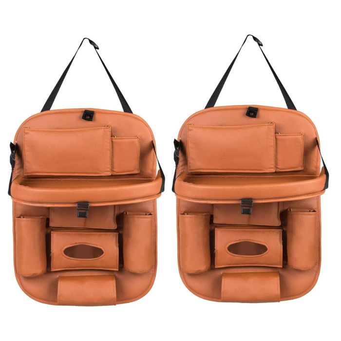 Allextreme EXFTCOT2 Universal PU Leather Auto Car Seat Back Organizer with Foldable Dining Table Tray, Multipocket Storage Tablet, Bottle and Tissue Paper Holder (Tan, 2Pcs)