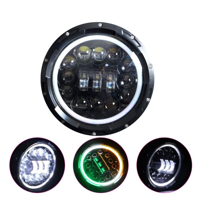 Allextreme 15 LED Round Headlight with Full Ring Tricolor DRL Angel Eyes & Hi/Low Beam Compatible with Royal Enfield, Jeep & Harley Davidson (Pack of 1)