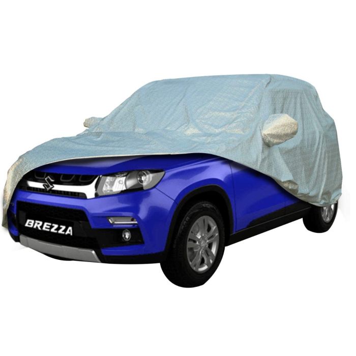 Allextreme BZ7007 100% Tested Waterproof Car Body Cover Compatible with Maruti Suzuki Brezza Custom Fit Dustproof UV Heat Resistant Indoor Outdoor Body Protection (Reflective Silver with Mirror)