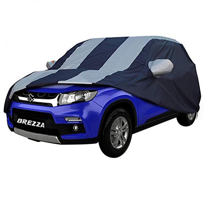 Allextreme BZ7005 Car Body Cover Compatible with Maruti Suzuki Brezza Custom Fit Dustproof UV Heat Resistant Indoor Outdoor Body Protection (Blue & Silver with Mirror)