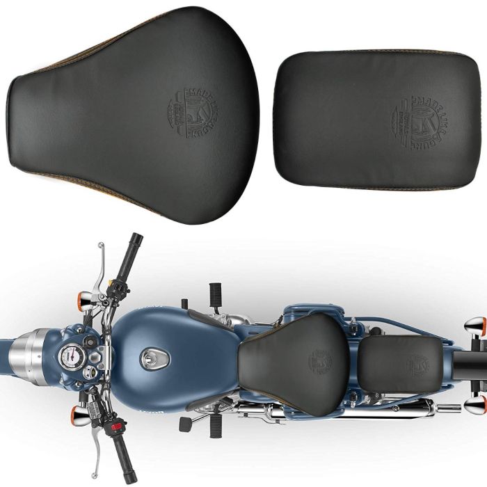Allextreme PU Leather Bike Seat Cover with Cushioning Anti-Slip Water-Resistant Shock Absorbent & Brand Name Design for Royal Enfield Classic 350cc