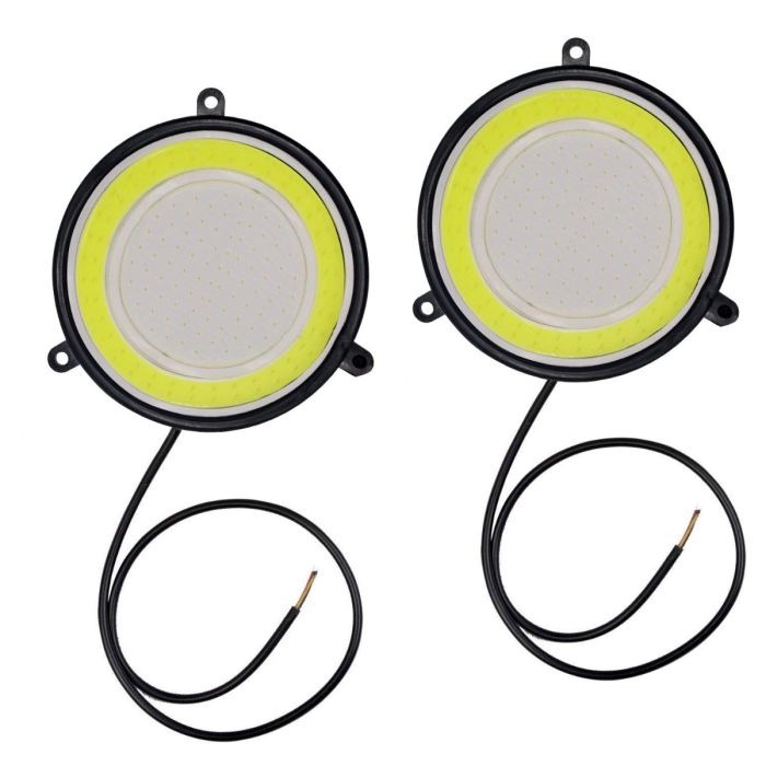 AllExtreme EXNTI2P Round COB LED Switchback DRL Light 2.83" Diameter Side Turn Signal Super Bright Fog Lamp with Indicator for All Cars (20W, White & Blue, 2 PCS)