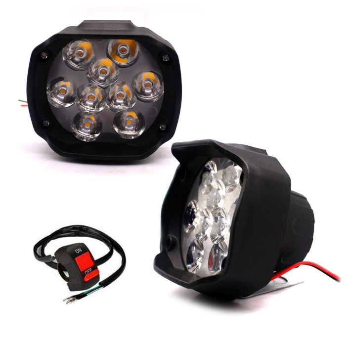 Allextreme EX9FWS2 Imported 9 LED Fog Light Spot Beam Waterproof Pod Driving Work Lamp with Handlebar Switch for Motorcycle Bike Car and SUV (15W, 2 PCs)