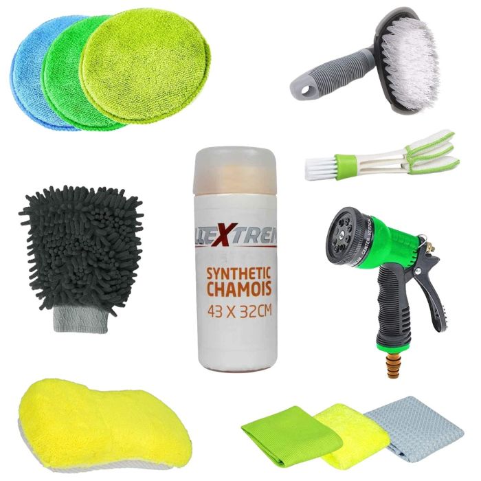 Allextreme EXFDD10 Car Cleaning Kit Wash Set with Microfibre Cloth, Polishing Pads, Wash Glove, Synthetic Chamois, Water Nozzle, Window Brush, T-Type Tire Brush (12 Pcs)
