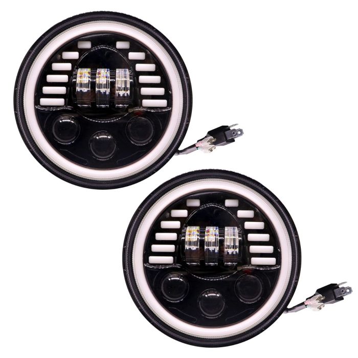 Allextreme EX7HNL2 7 Inch Round White LED Headlight with Hi/Low Beam Amber & White Angel Eye Lamp Compatible with Bullet, Harley Davidson Jeep Wrangler (75W, 2 Pcs)