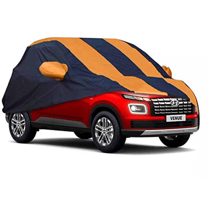 Allextreme HV7011 Car Body Cover Compatible with Hyundai Venue Custom Fit Dustproof UV Heat Resistant Indoor Outdoor Body Protection (Navy Blue & Orange)