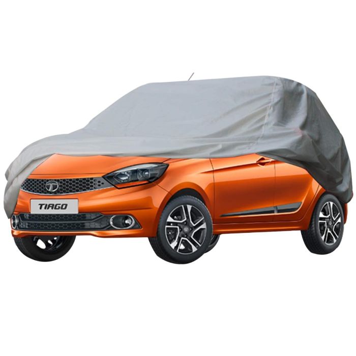 Allextreme TT7002 Car Body Cover Compatible with Tata Tiago Custom Fit Dustproof UV Heat Resistant Indoor Outdoor Body Protection (Silver without Mirror)