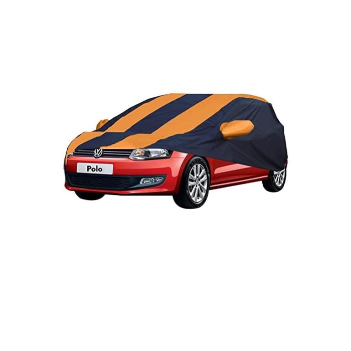 Allextreme VP5003 Car Body Cover Compatible with Volkswagen Polo Custom Fit Dustproof UV Heat Resistant Indoor Outdoor Body Protection (Navy Blue & Orange with Mirror)