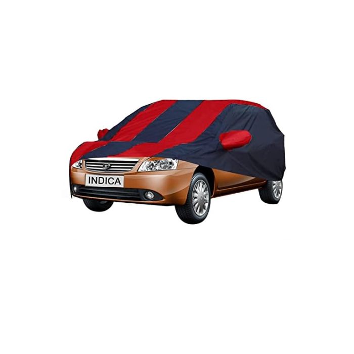 Allextreme TIU5004 Car Body Cover Compatible with Tata Indica Custom Fit Dustproof UV Heat Resistant Indoor Outdoor Body Protection (Navy Blue & Red with Mirror)