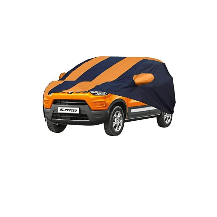 Allextreme MPU5003 Car Body Cover Compatible with Maruti Suzuki S-Presso Custom Fit Dustproof UV Heat Resistant Indoor Outdoor Body Protection (Navy Blue & Orange with Mirror)