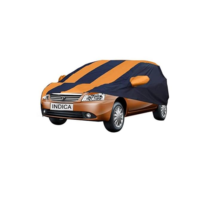 Allextreme TIU5003 Car Body Cover Compatible with Tata Indica Custom Fit Dustproof UV Heat Resistant Indoor Outdoor Body Protection (Navy Blue & Orange with Mirror)