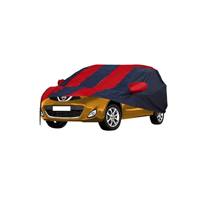Allextreme NR5004 Car Body Cover Compatible with Nissan Micra Custom Fit Dustproof UV Heat Resistant Indoor Outdoor Body Protection (Navy Blue & Red with Mirror)