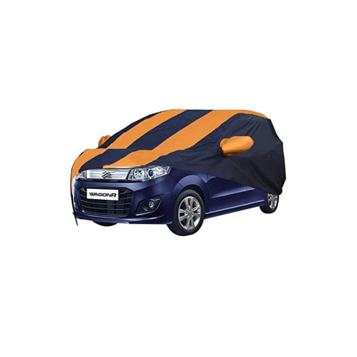 Allextreme MW5003 Car Body Cover Compatible with Maruti Suzuki New Wagon R Custom Fit Dustproof UV Heat Resistant Indoor Outdoor Body Protection (Navy Blue & Orange with Mirror)