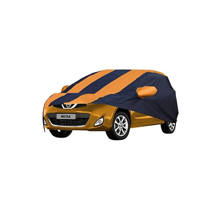 Allextreme NR5003 Car Body Cover Compatible with Nissan Micra Custom Fit Dustproof UV Heat Resistant Indoor Outdoor Body Protection (Navy Blue & Orange with Mirror)
