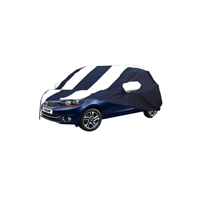 Allextreme TTK5005 Car Body Cover Compatible with Tata Tigor Custom Fit Dustproof UV Heat Resistant Indoor Outdoor Body Protection (Navy Blue & White with Mirror)