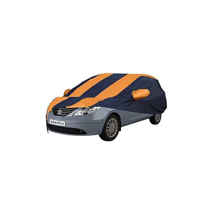 Allextreme TMK5003 Car Body Cover Compatible with Tata Manza Custom Fit Dustproof UV Heat Resistant Indoor Outdoor Body Protection (Navy Blue & Orange with Mirror)
