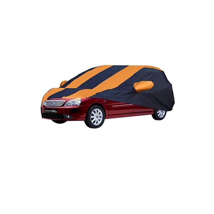 Allextreme TXS5003 Car Body Cover Compatible with Tata Indigo XL Custom Fit Dustproof UV Heat Resistant Indoor Outdoor Body Protection (Navy Blue & Orange with Mirror)