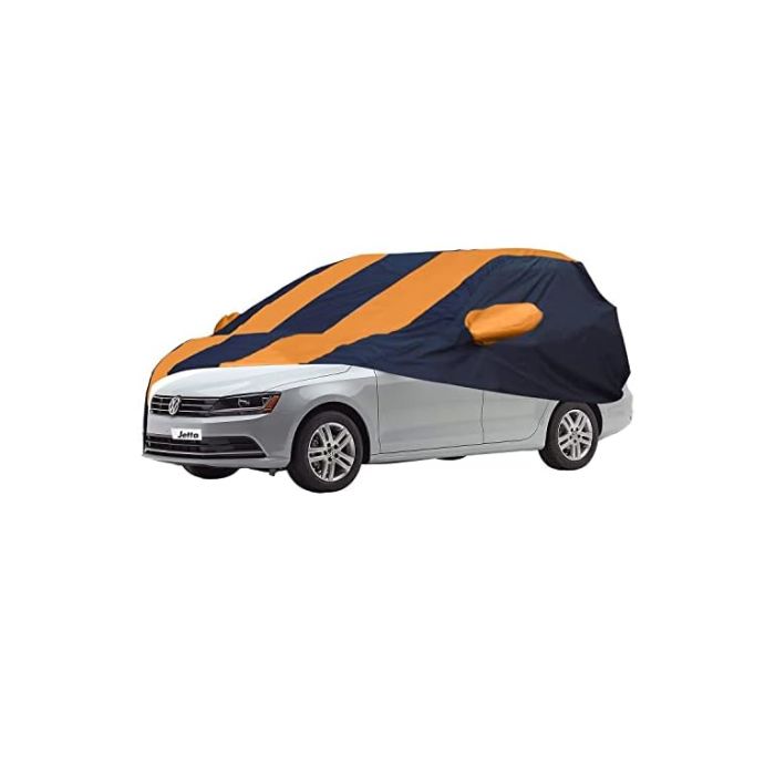 Allextreme VJE5003 Car Body Cover Compatible with Volkswagen Jetta Custom Fit Dustproof UV Heat Resistant Indoor Outdoor Body Protection (Navy Blue & Orange with Mirror)