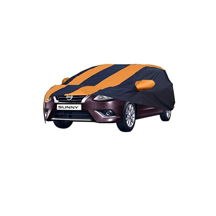 Allextreme NSE5003 Car Body Cover Compatible with Nissan Sunny Custom Fit Dustproof UV Heat Resistant Indoor Outdoor Body Protection (Navy Blue & Orange with Mirror)