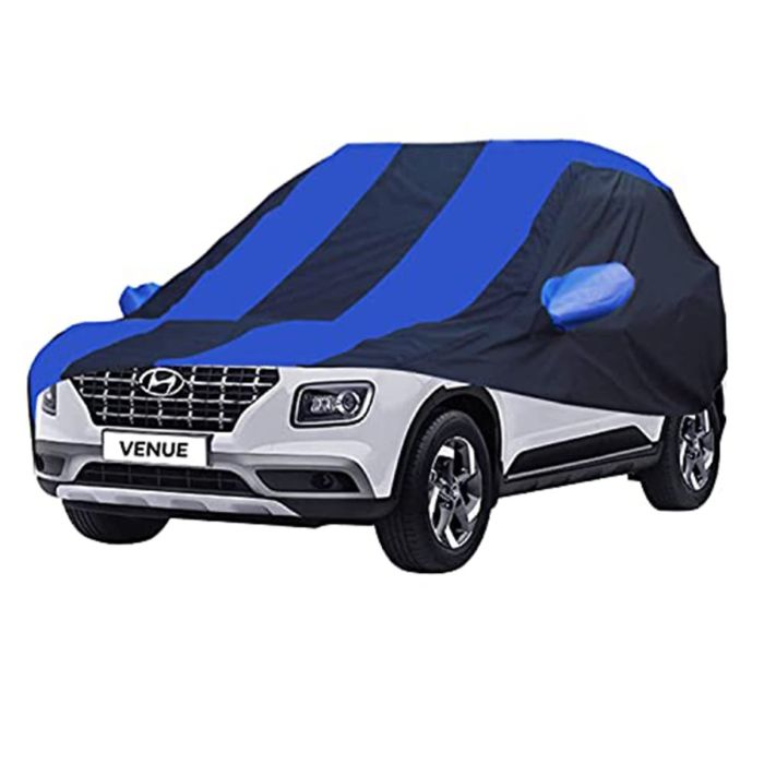 Allextreme HVG5002 Car Body Cover Compatible with Hyundai Venue Custom Fit Dustproof UV Heat Resistant Indoor Outdoor Body Protection (Navy Blue & Blue with Mirror)