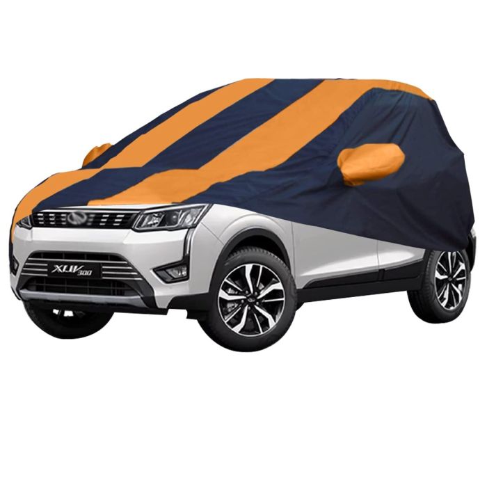 Allextreme MXG5003 Car Body Cover Compatible with Mahindra XUV 300 Custom Fit Dustproof UV Heat Resistant Indoor Outdoor Body Protection (Navy Blue & Orange with Mirror)