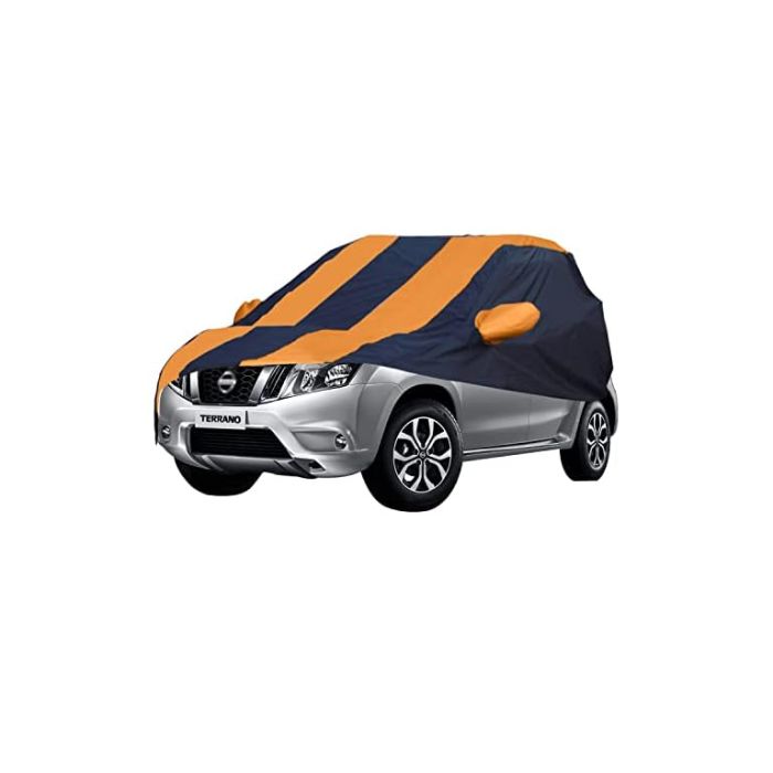 Allextreme NTP5003 Car Body Cover Compatible with Nissan Terrano Custom Fit Dustproof UV Heat Resistant Indoor Outdoor Body Protection (Navy Blue & Orange with Mirror)