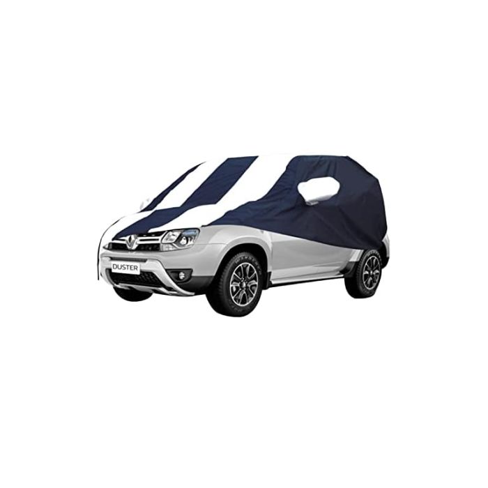 Allextreme RDP5005 Car Body Cover Compatible with Renault Duster Custom Fit Dustproof UV Heat Resistant Indoor Outdoor Body Protection (Navy Blue & White with Mirror)