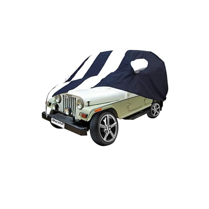 Allextreme MMZ5005 Car Body Cover Compatible with Mahindra Marshal Custom Fit Dustproof UV Heat Resistant Indoor Outdoor Body Protection (Navy Blue & White with Mirror)