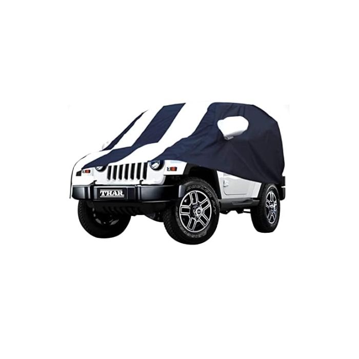 Allextreme TMZ5005 Car Body Cover Compatible with Mahindra Thar Custom Fit Dustproof UV Heat Resistant Indoor Outdoor Body Protection (Navy Blue & White with Mirror)