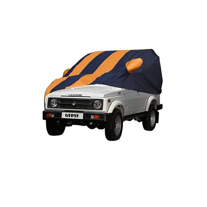 Allextreme MGZ5003 Car Body Cover Compatible with Maruti Suzuki Gypsy Custom Fit Dustproof UV Heat Resistant Indoor Outdoor Body Protection (Navy Blue & Orange with Mirror)