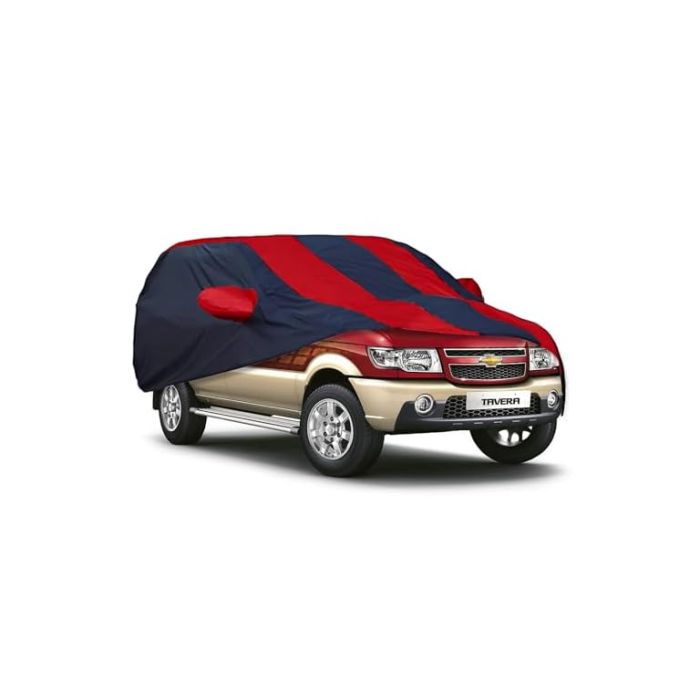 Allextreme CTZ5004 Car Body Cover Compatible with Chevrolet Tavera Custom Fit Dustproof UV Heat Resistant Indoor Outdoor Body Protection (Navy Blue & Red with Mirror)
