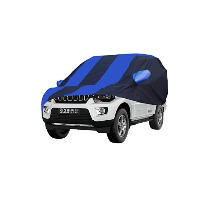 Allextreme MSZ5002 Car Body Cover Compatible with Mahindra Scorpio Custom Fit Dustproof UV Heat Resistant Indoor Outdoor Body Protection (Navy Blue & Blue with Mirror)